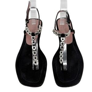 Alaia Paris Black Suede Heart Chain Ankle Strap Thong Sandals Flat 37.5